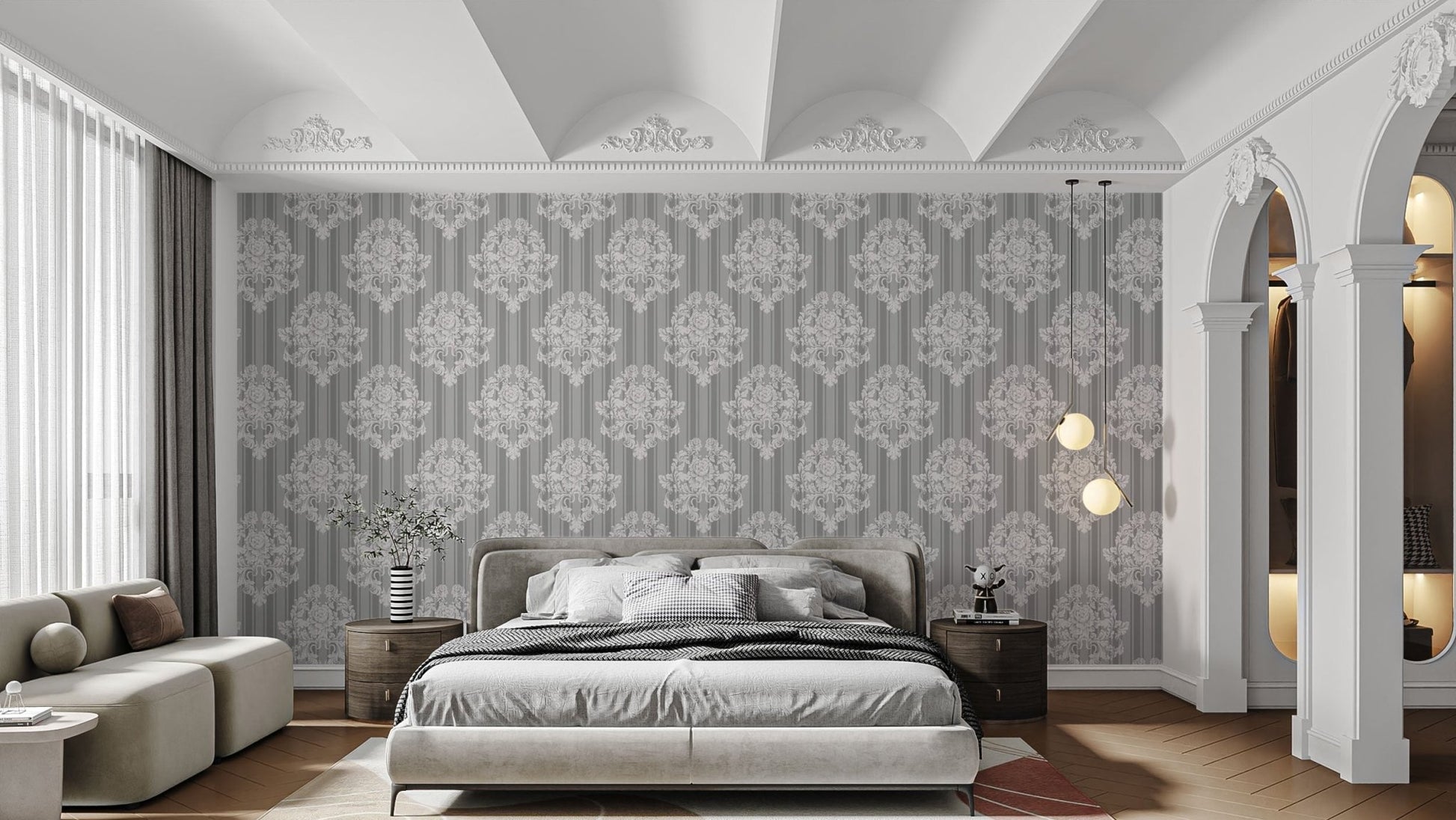 Grey and White Damask Wallpaper for elegance