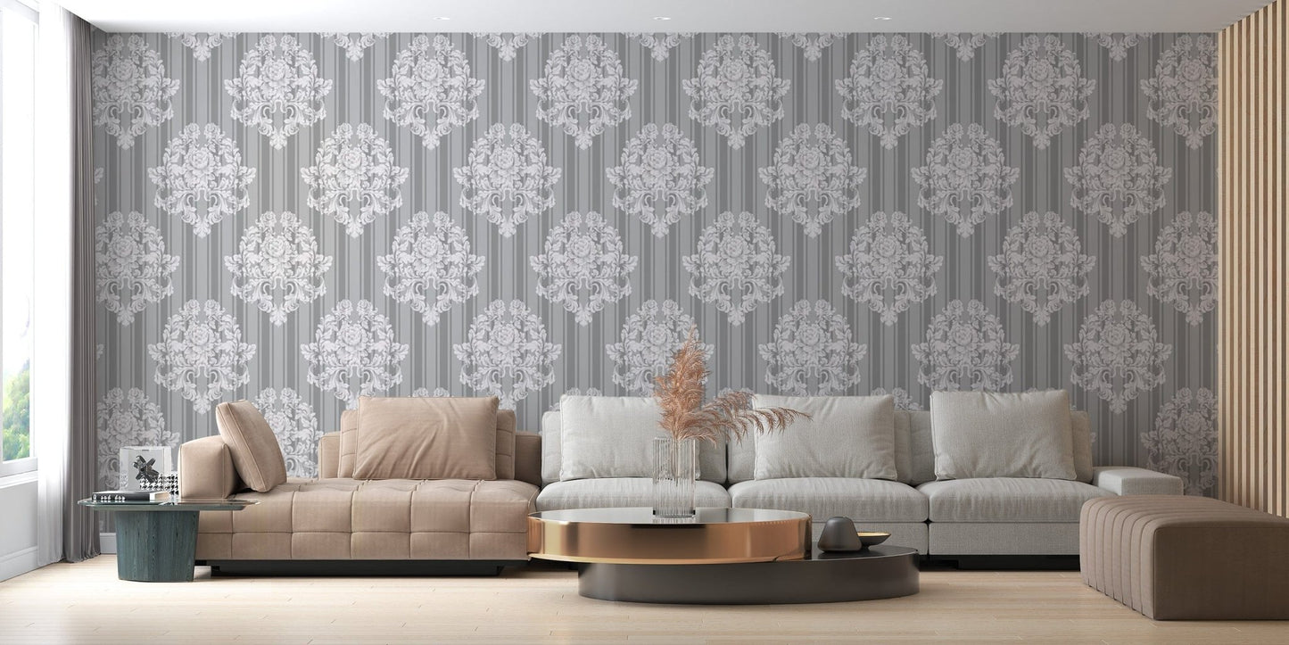 Grey and White Damask Wallpaper for living room
