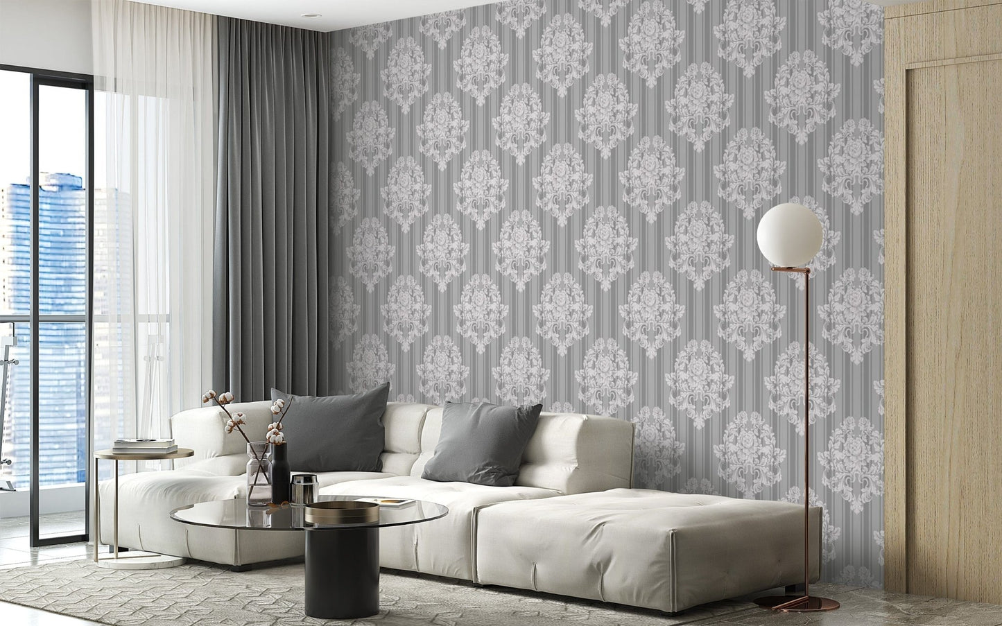 Grey and White Damask Wallpaper for bedrooms
