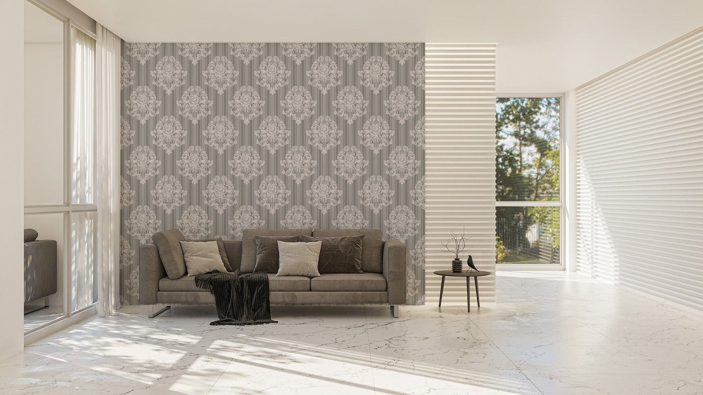 Stylish Grey and White Damask Wallpaper design
