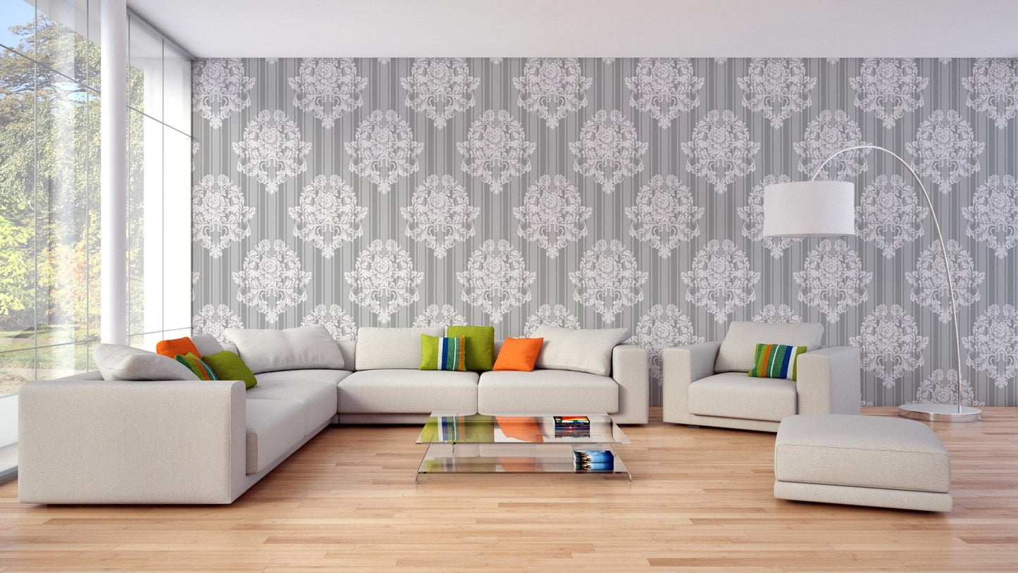 Premium Grey and White Damask Wallpaper decor
