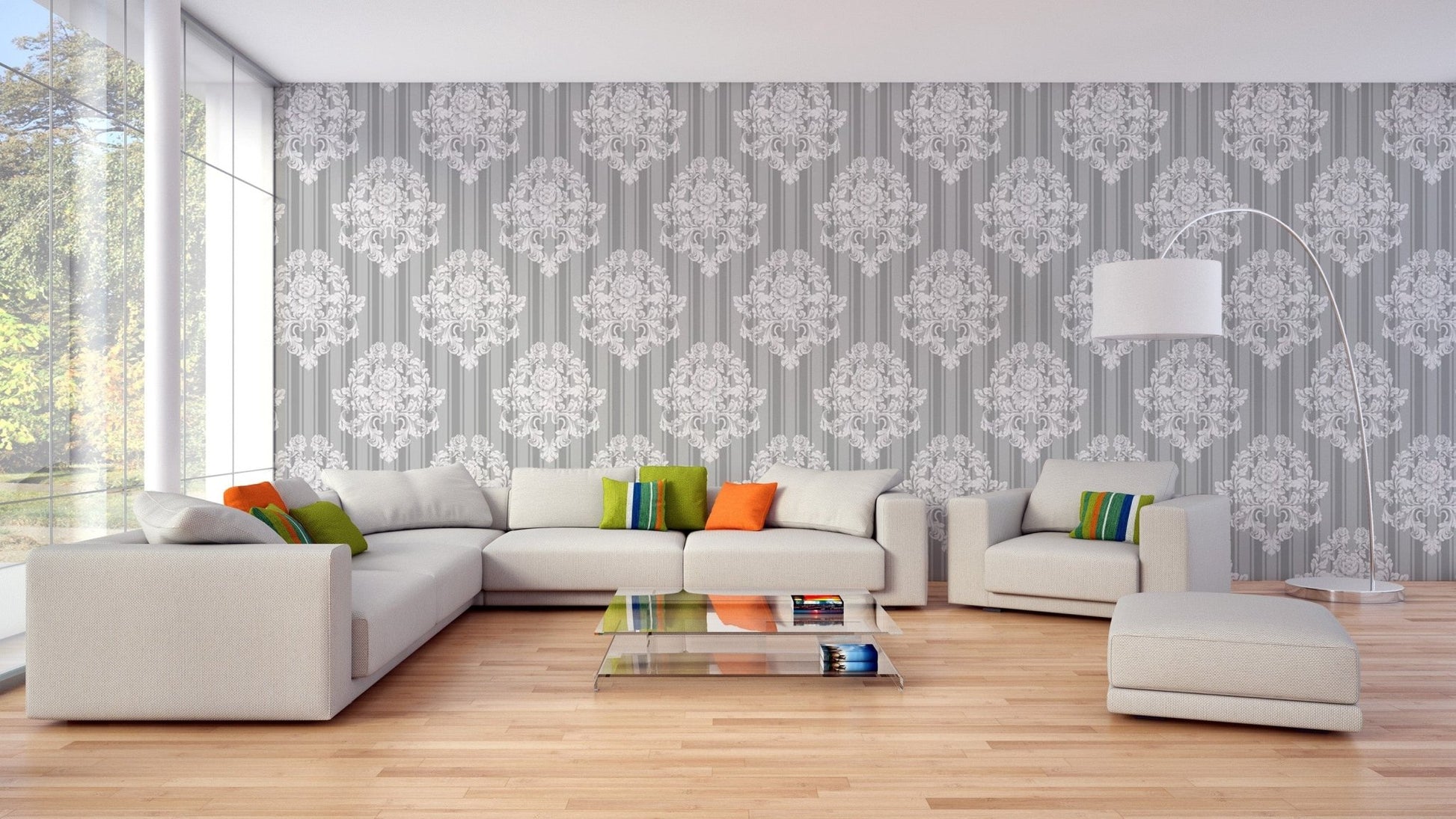 Premium Grey and White Damask Wallpaper decor
