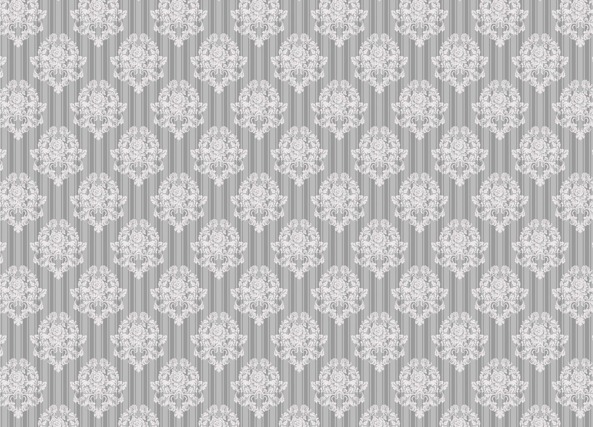 Grey White Pattern Damask Wallpaper in your room — zoomed
