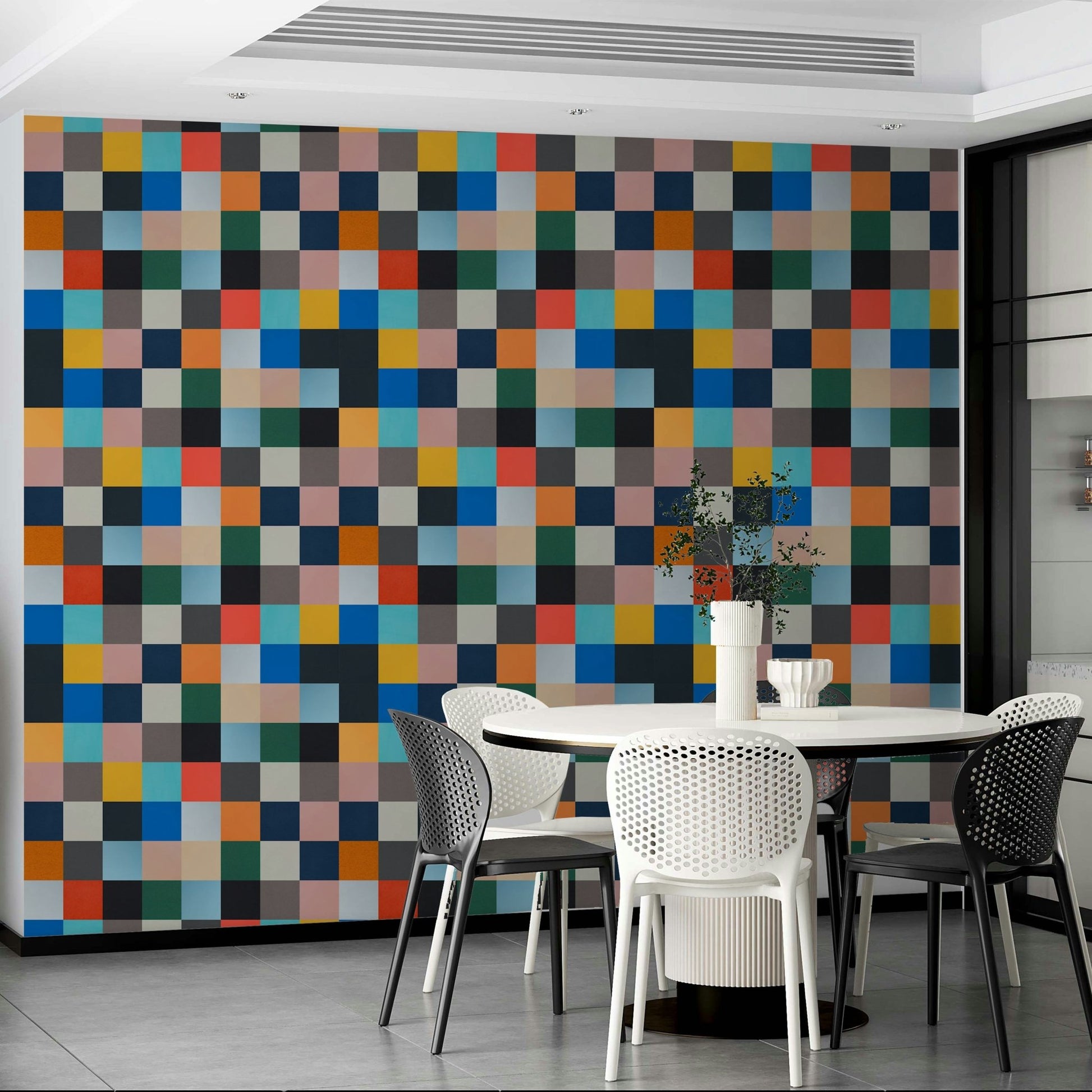 A high-resolution wall mural with a bold geometric grid pattern.

