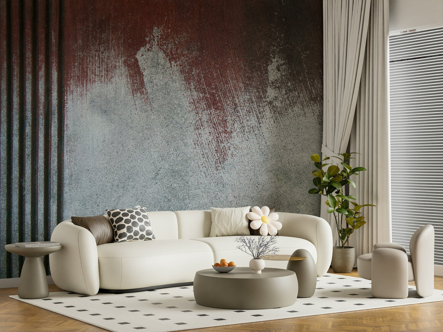 Gritty Fade wallpaper mural creating a striking, moody backdrop in a studio.