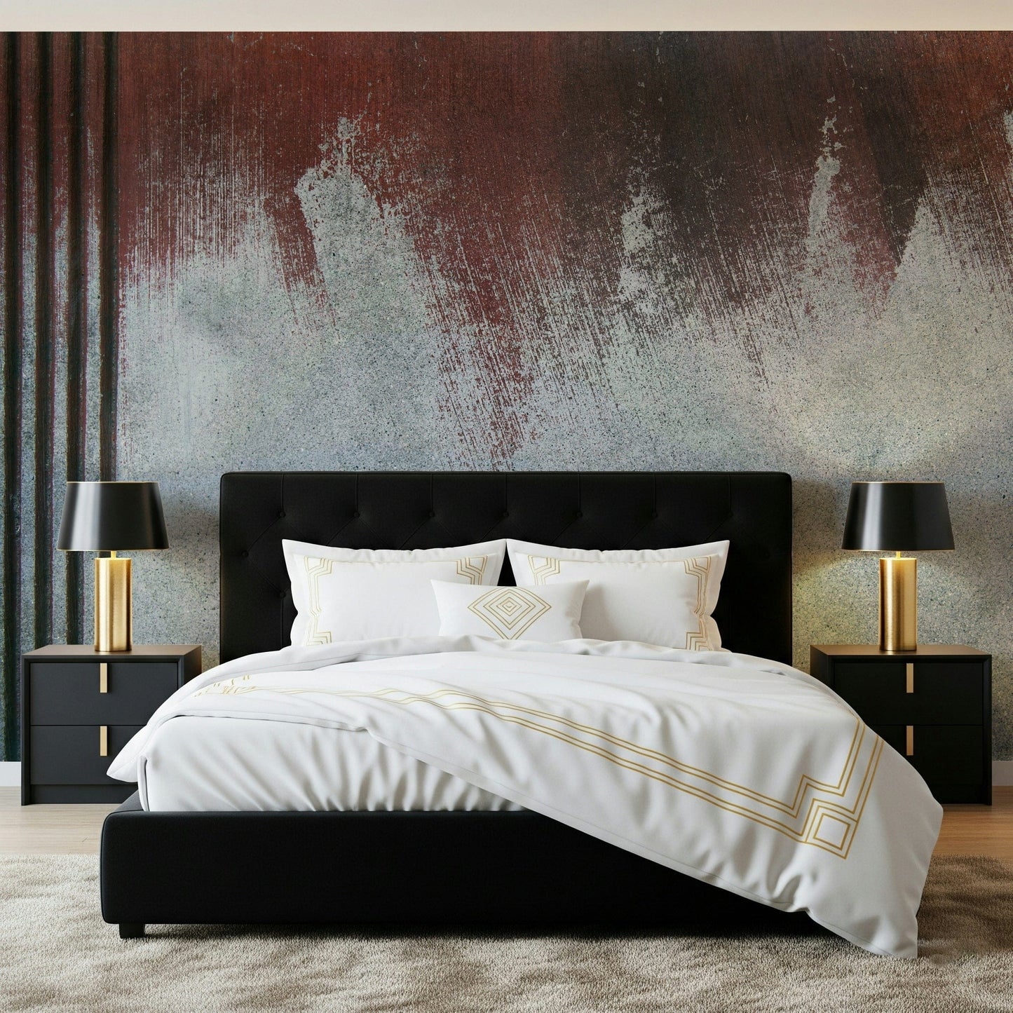 Full room view featuring the artistic Gritty Fade wallpaper for walls statement.