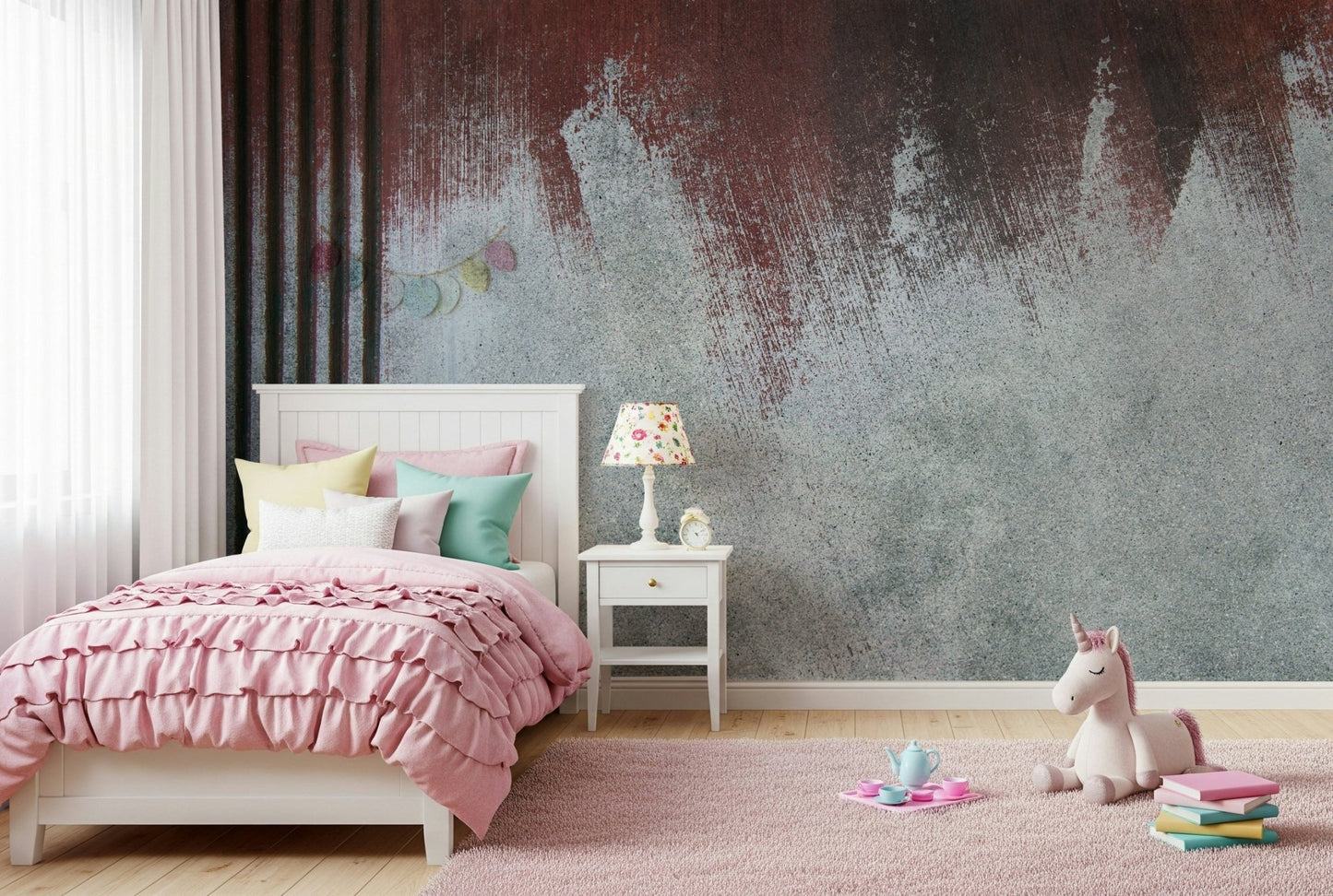 Installation image of the simple-to-hang Gritty Fade peel and stick wallpaper.