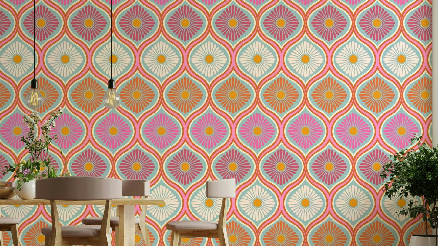 Features stylized floral motifs, often oversized and with psychedelic or swirling elements.
