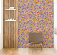 The design has a retro, 1970s floral style.

