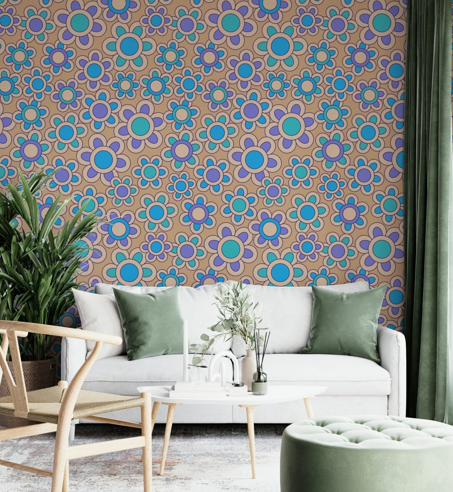 A close-up view of a wall mural with a repeating daisy pattern.

