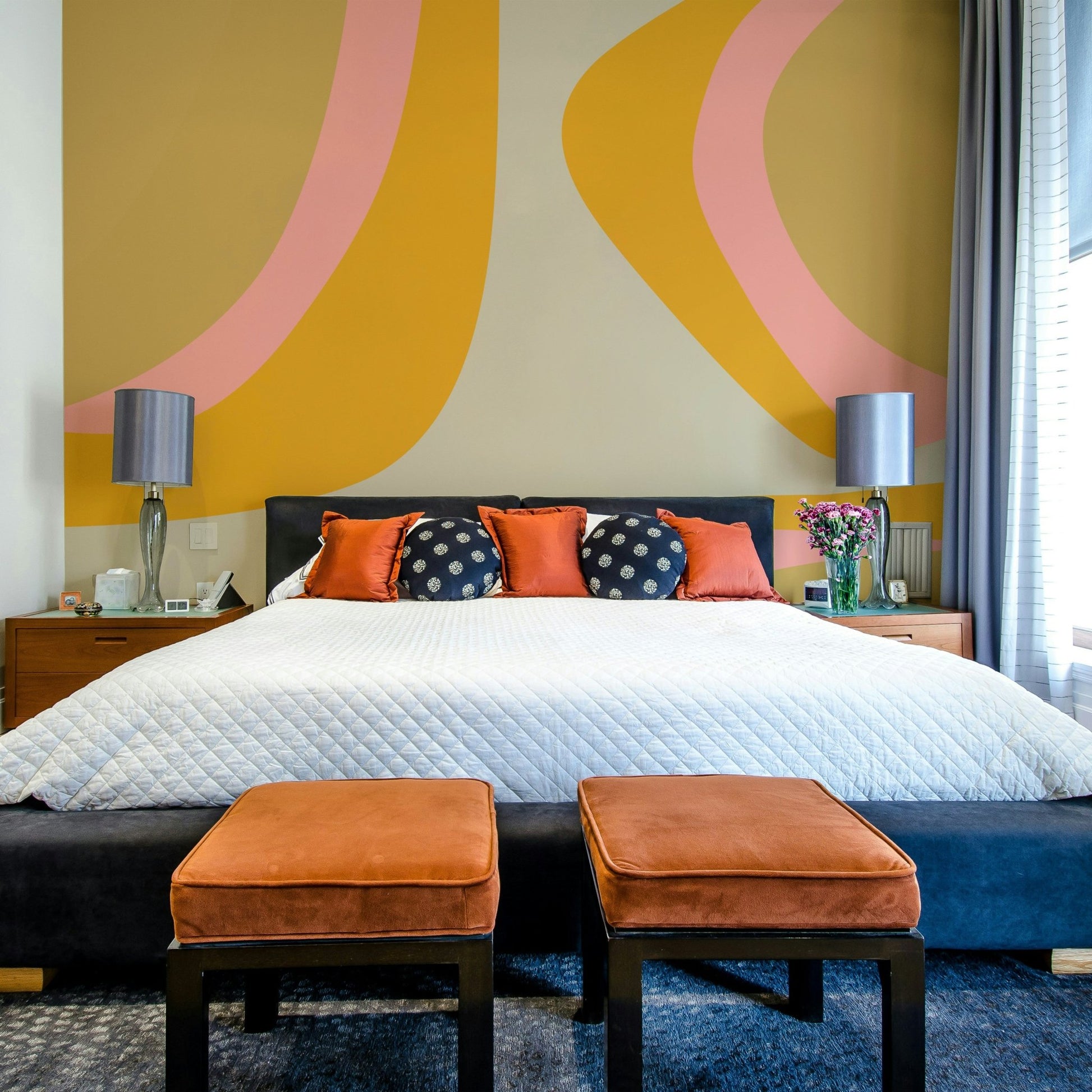 Colorful 70s-inspired mural with wavy psychedelic lines

