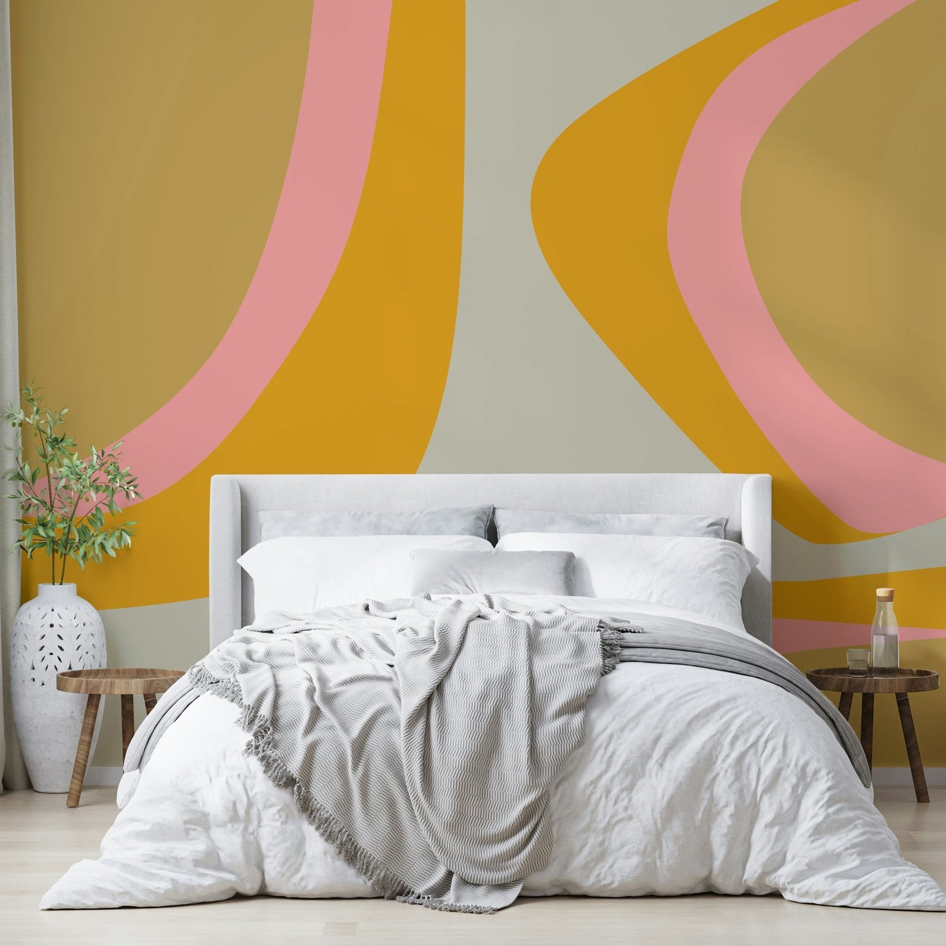 Funky retro mural with swirling mod shapes and curves

