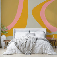 Funky retro mural with swirling mod shapes and curves


