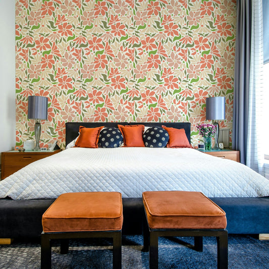 Groovy Flowers Coral Green Wall Mural full view

