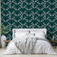 Soft blue wallpaper with bold flower prints

