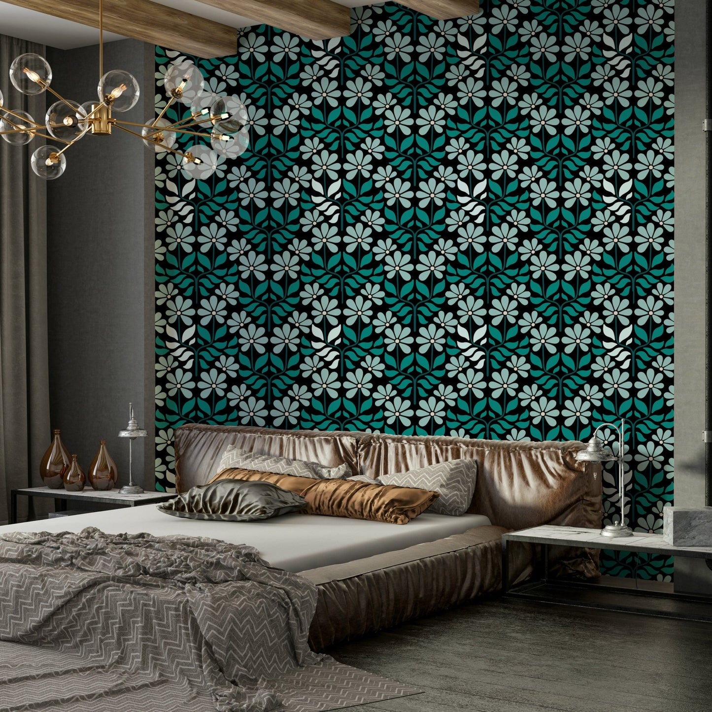 Groovy flowers wallpaper in duck egg blue

