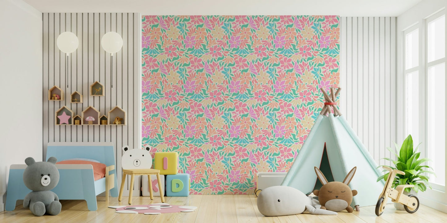 Groovy flower power wallpaper in vibrant tones


