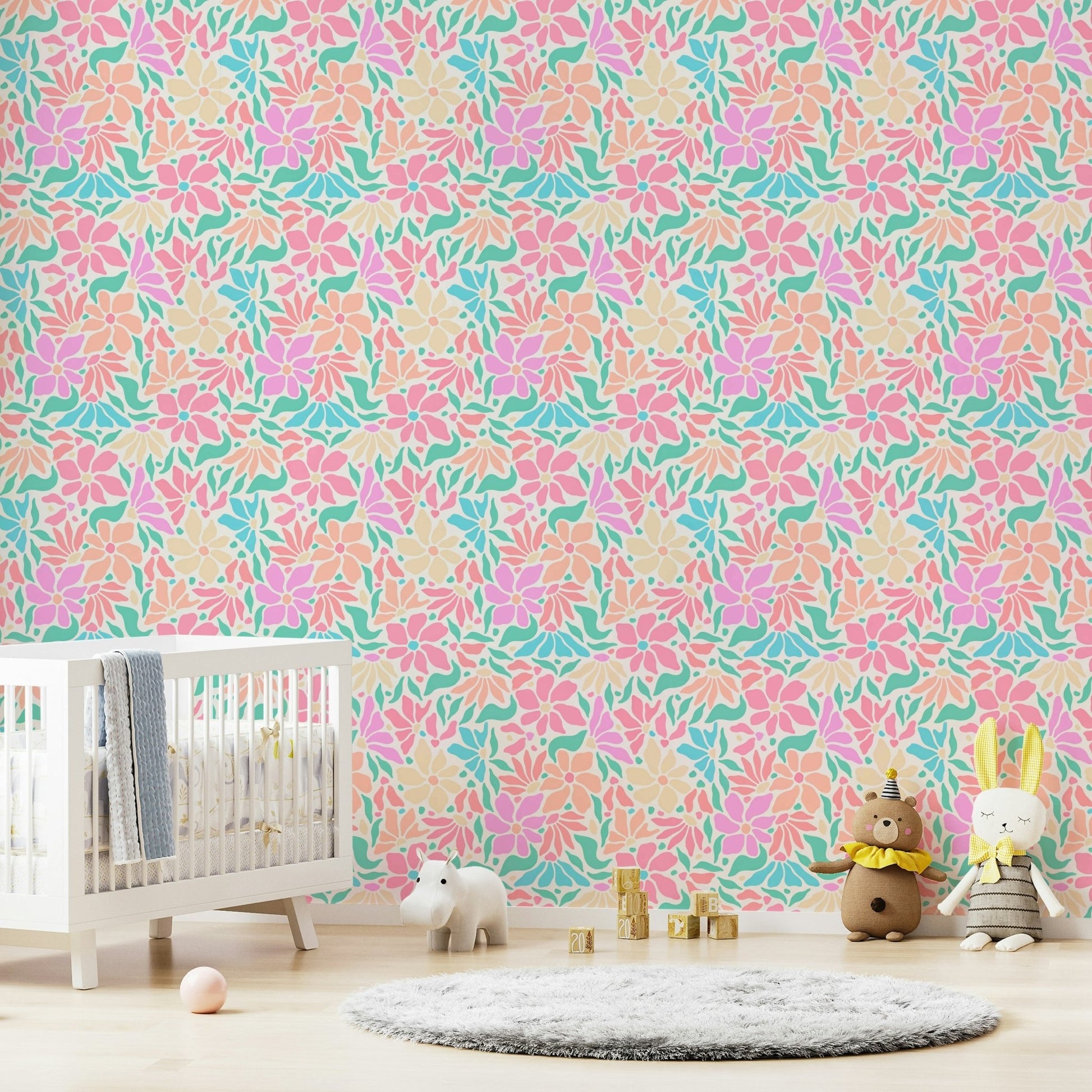 Funky floral mural with playful blossoms

