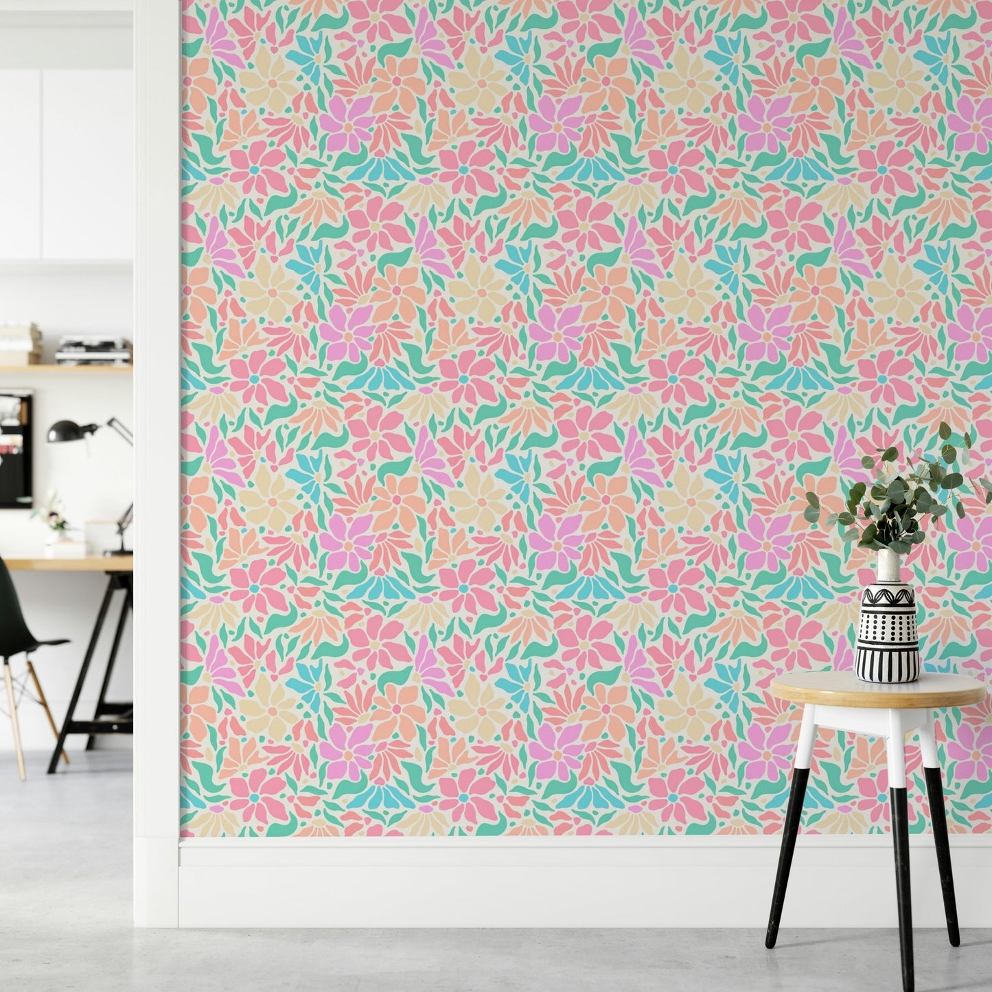 Fun and colorful wall mural with retro flowers

