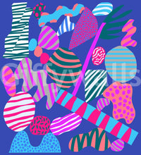 Whimsical Memphis style wall covering showcasing irregular spotted triangles and floating squiggles.