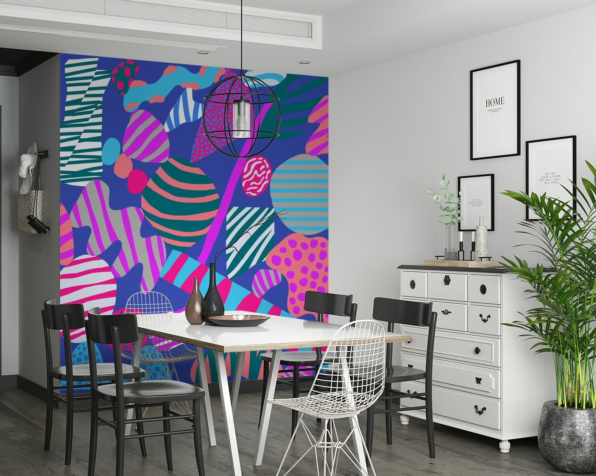 Unique Groovy Geometry removable wallpaper highlighting abstract collage art and fun figures.