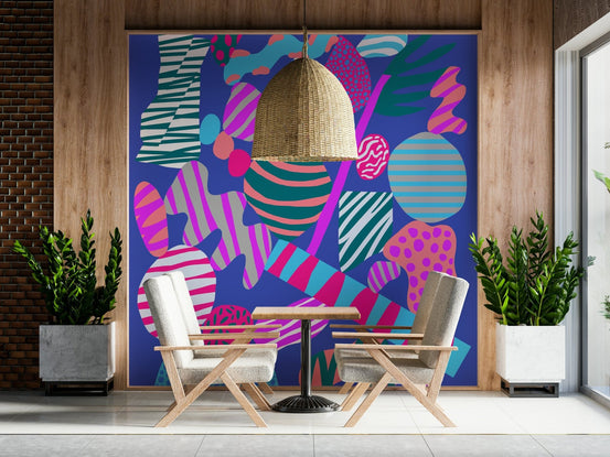 Lively Groovy Geometry graphic mural perfect for retro aesthetic bedroom renovations., GD6674