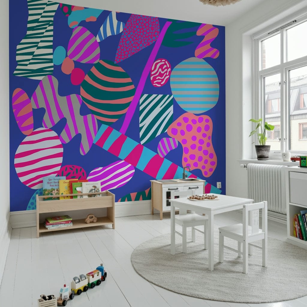 Retro chic Groovy Geometry wall covering with spontaneous confetti-like graphic design patterns.