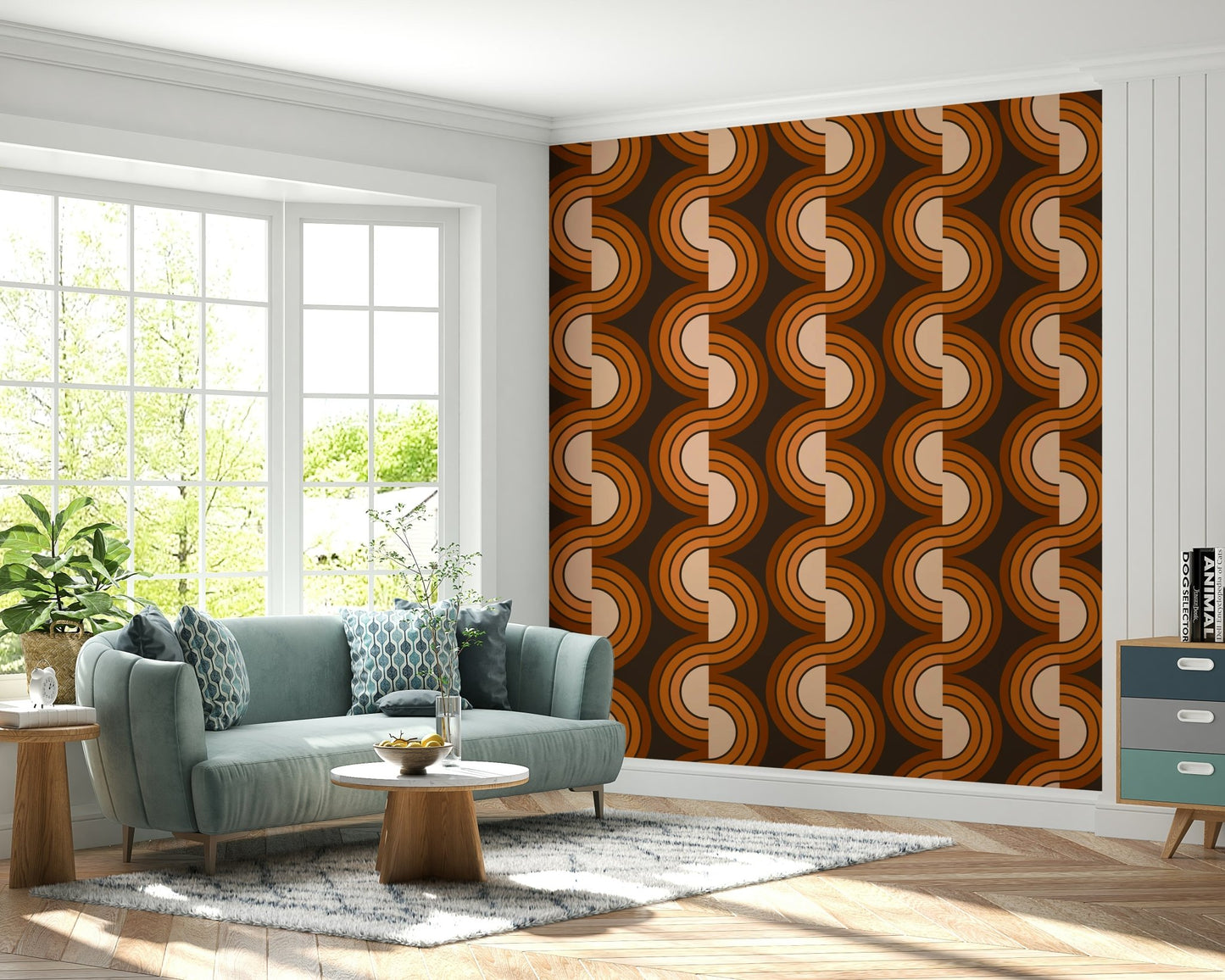 A contemplative 1970s style wallpaper mural for a feature wall., GD4815