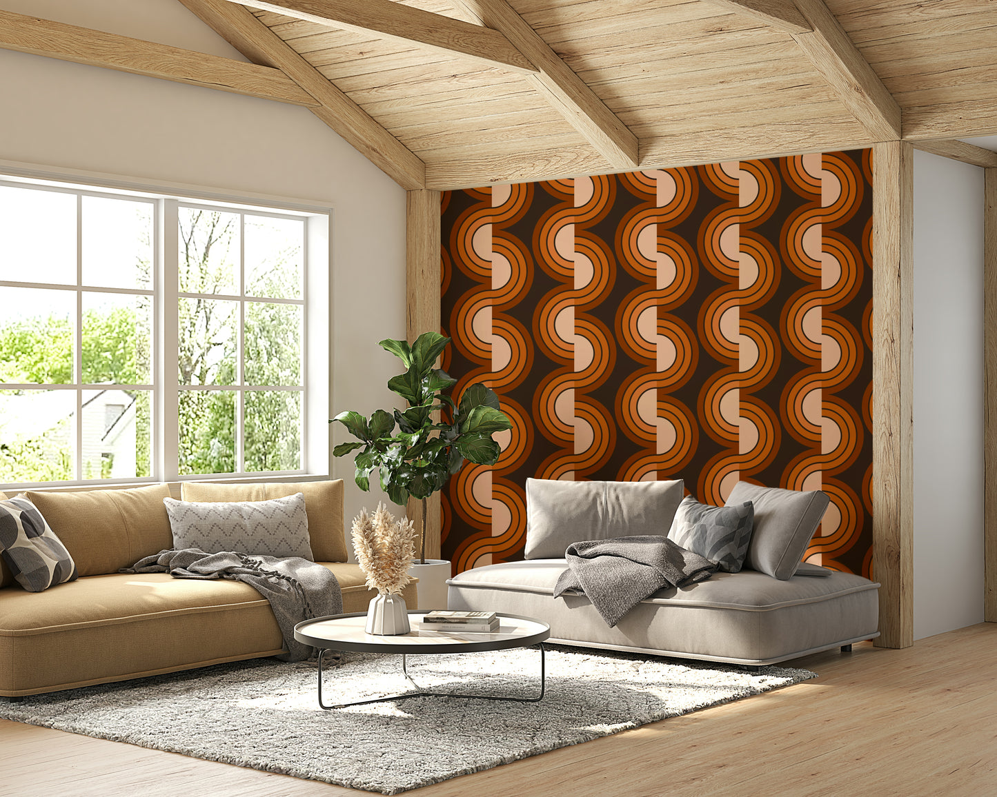 A peaceful retro abstract mural on decorative wallpaper.

