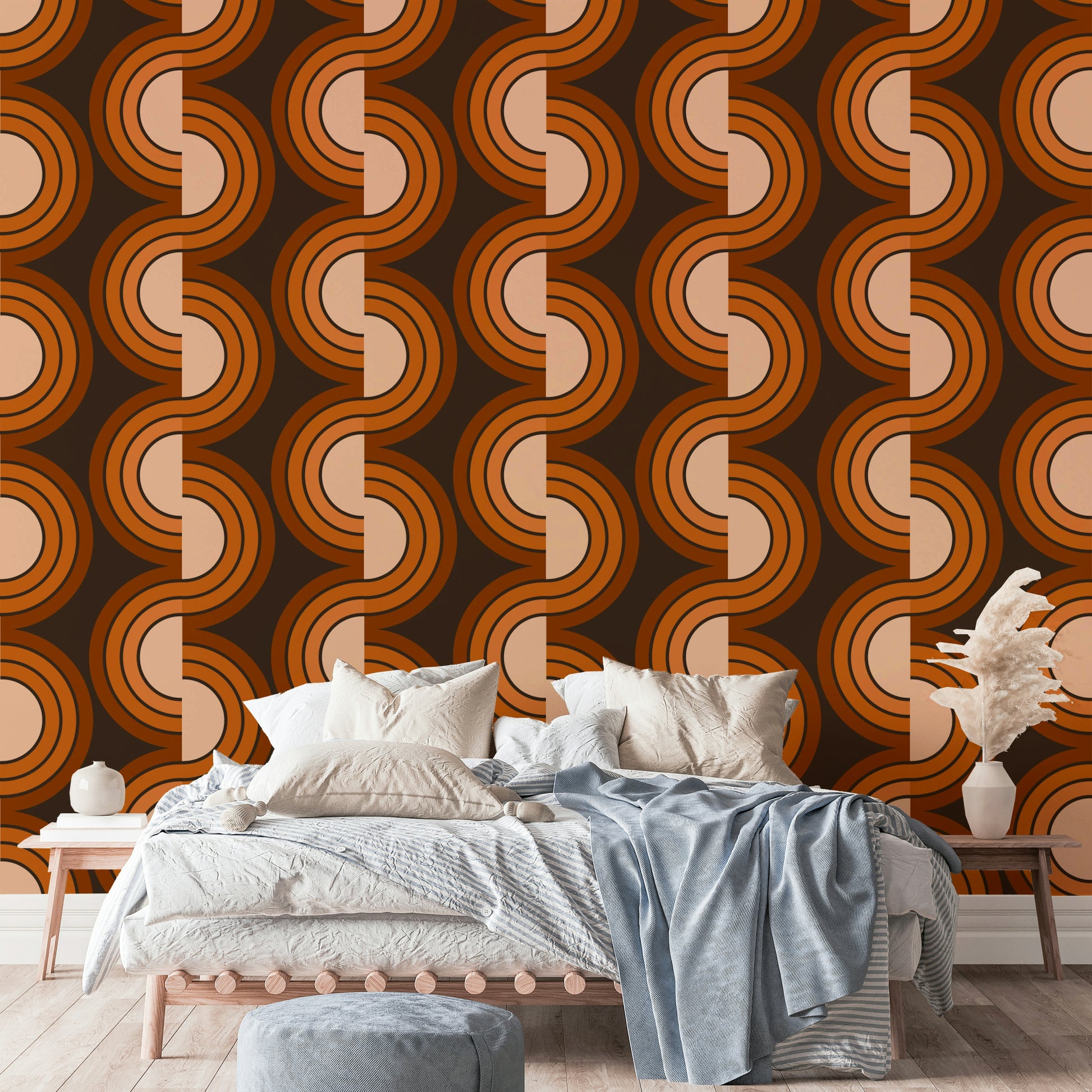 A graceful subtle geometric wall mural in bright, bold tones.

