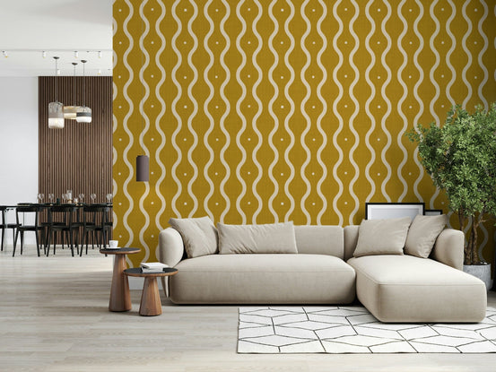 Groovy Golden Waves Wallpaper with swirling amber curves and seventies rhythm, GD7011