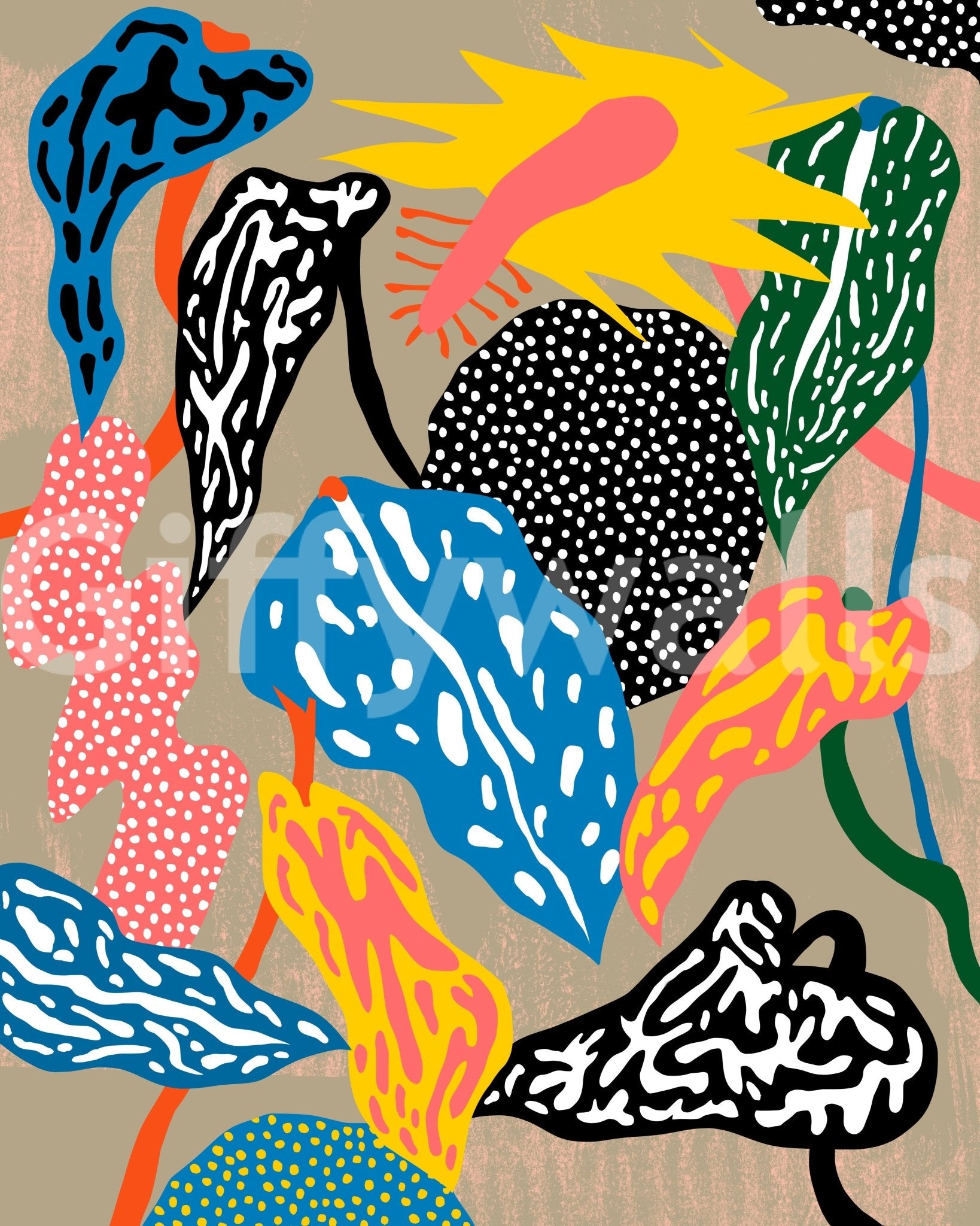 Statement wall with bold groovy jungle mural

