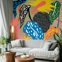 Bright mural wallpaper with jungle-inspired shapes