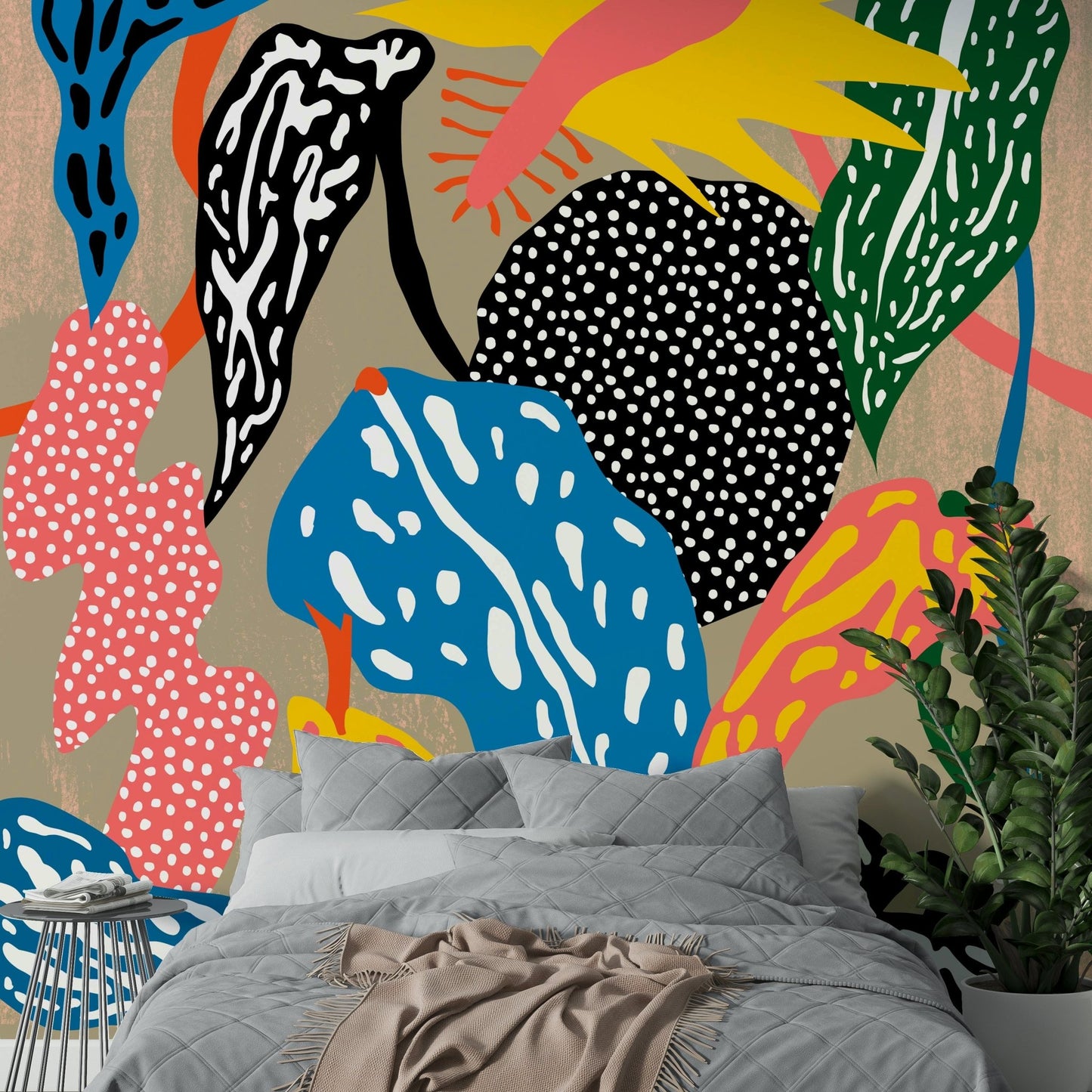 Playful retro leaves and animals on mural
