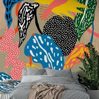 Playful retro leaves and animals on mural

