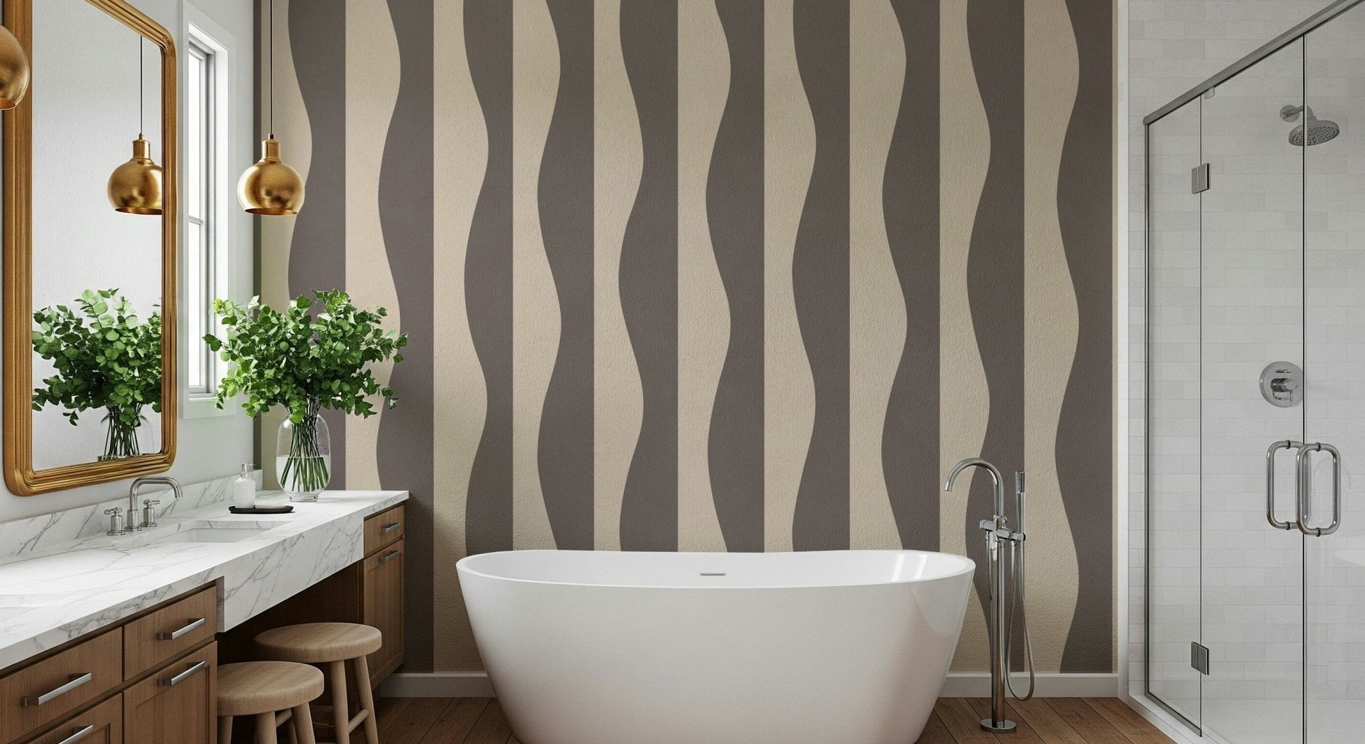 Vintage Groovy Stripes wallpaper mural charcoal beige stripes.