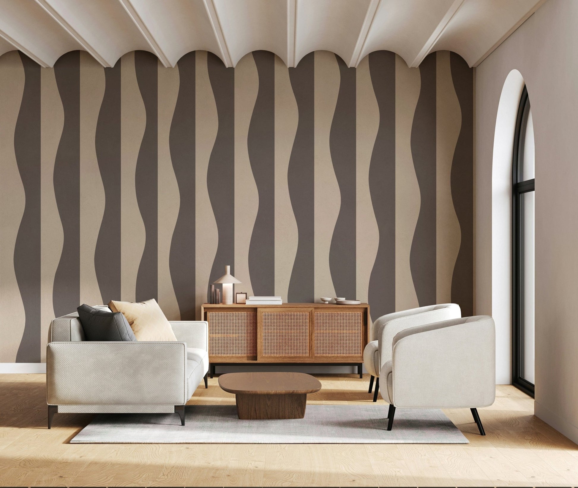 Wallpaper mural Groovy Stripes curved vertical stripes pattern.