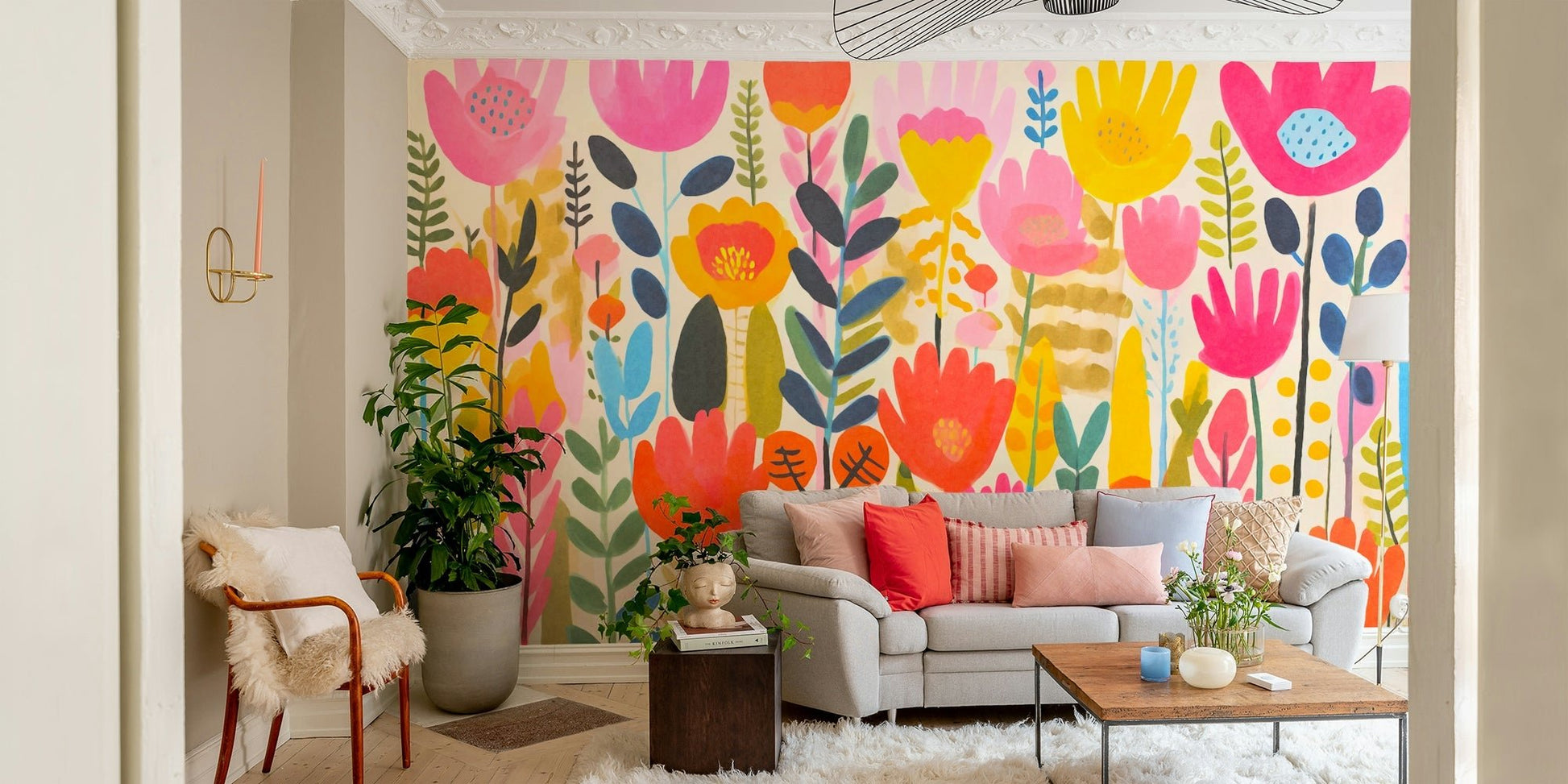 High-quality image of the groovy flower meadow mural

