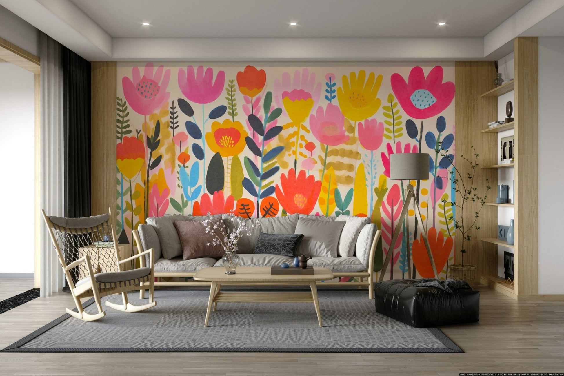 A sunroom decorated with a groovy floral mural

