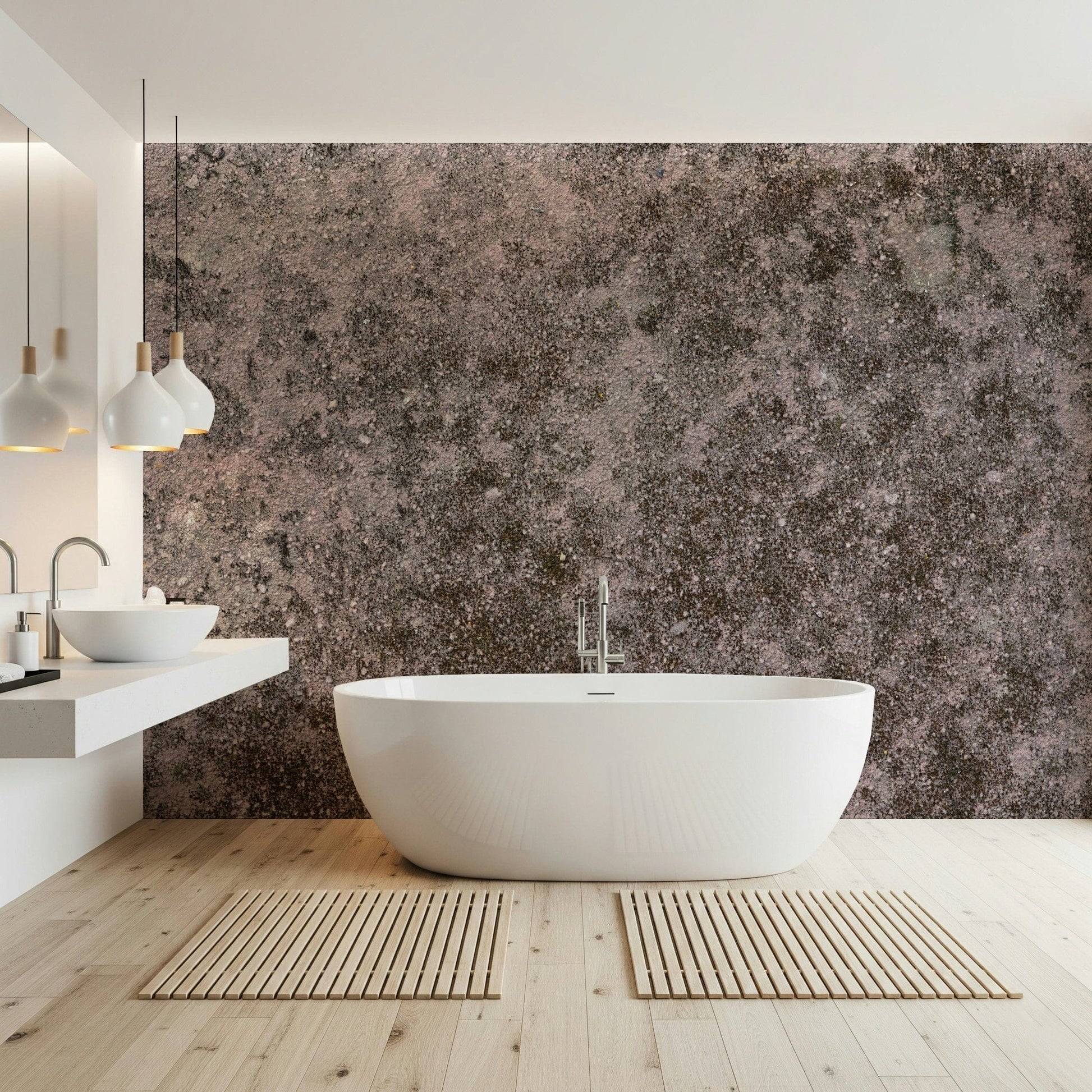 Full view of a dining area with a bold abstract grunge finish mural.