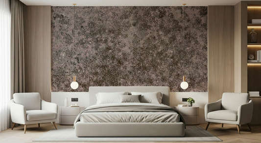 Grunge Finish mural texture detail in a minimalist bedroom setting.