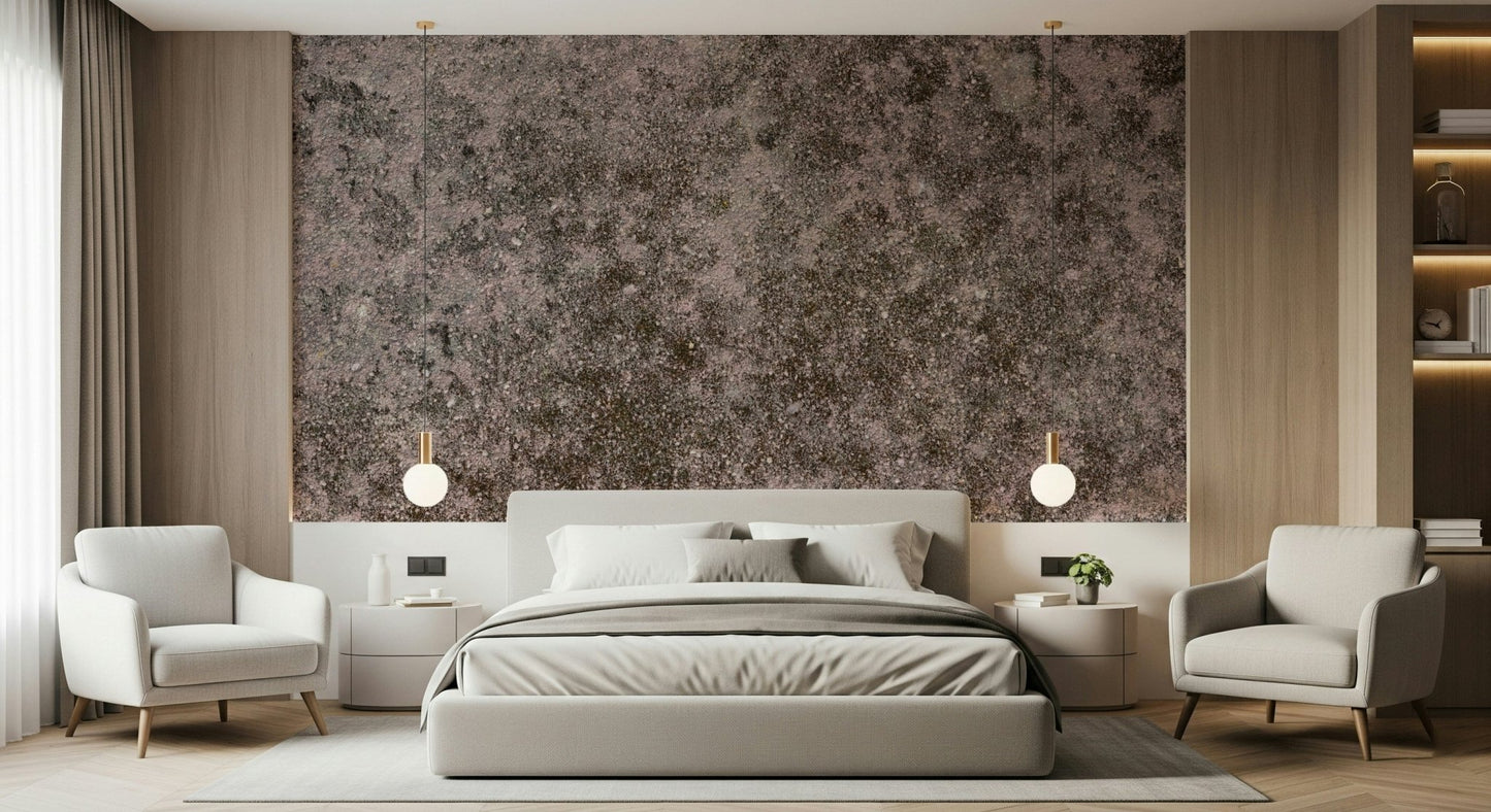 Grunge Finish mural texture detail in a minimalist bedroom setting.