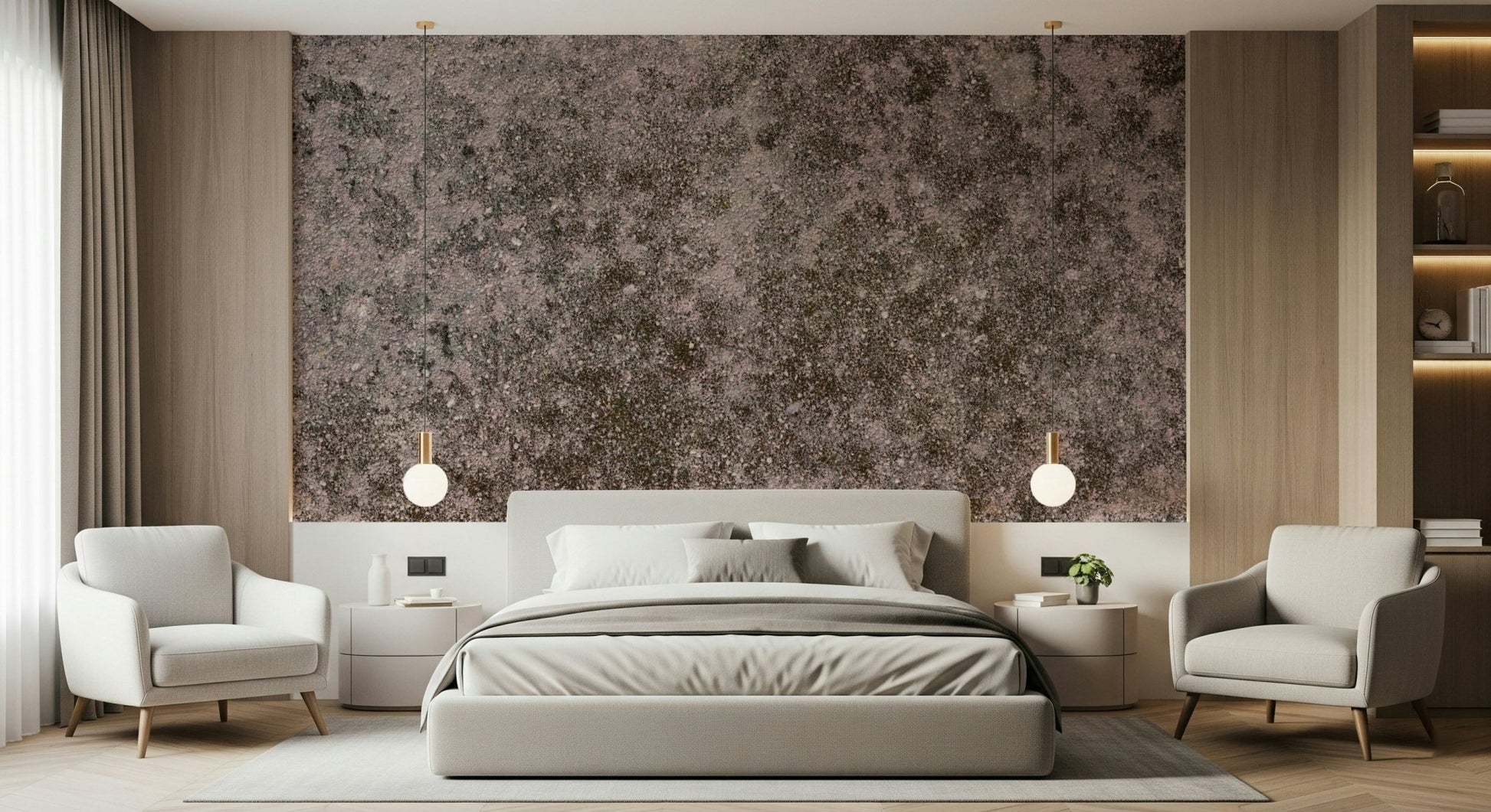 Grunge Finish mural texture detail in a minimalist bedroom setting.