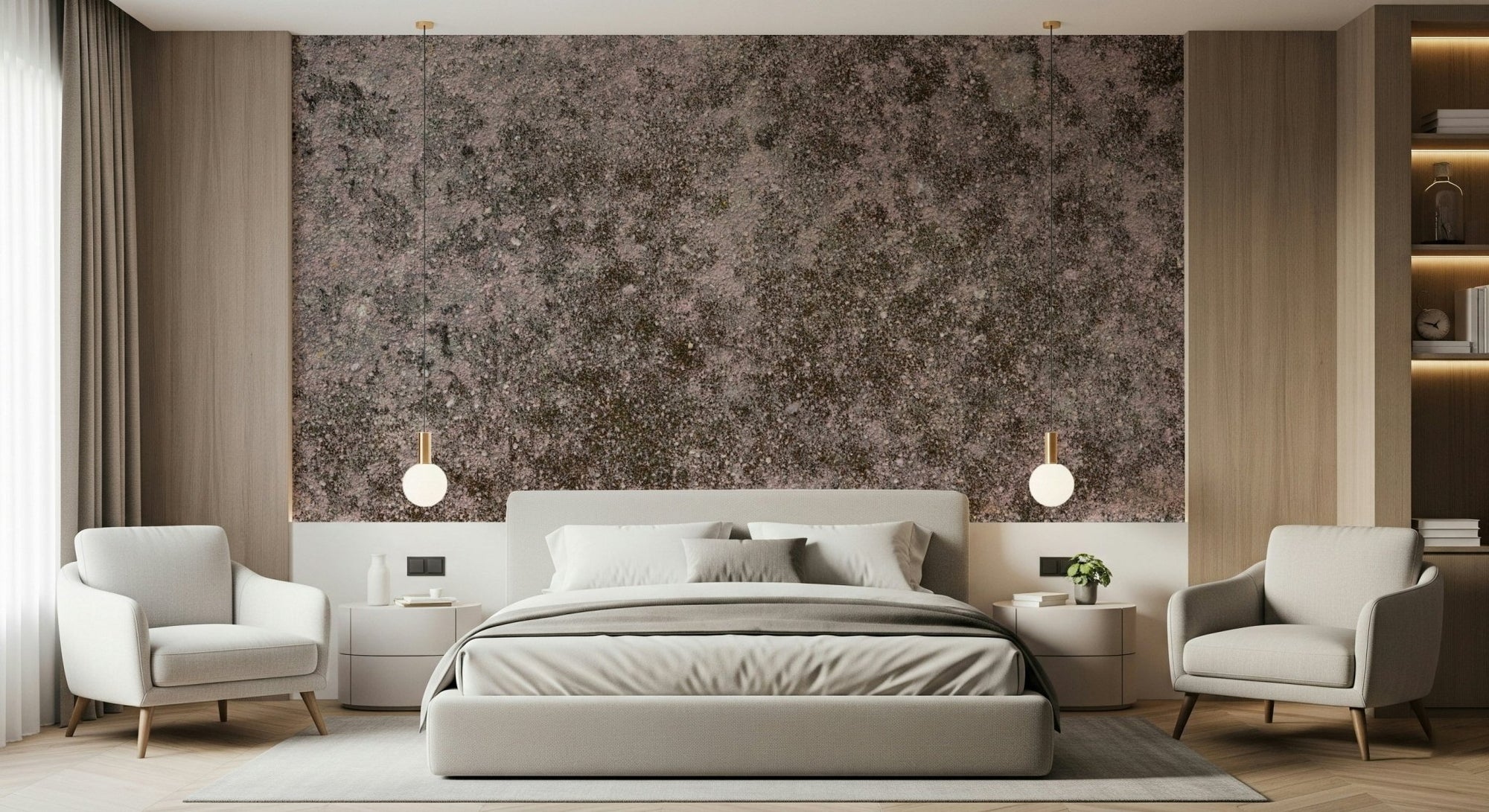 Grunge Finish mural texture detail in a minimalist bedroom setting., GD6095