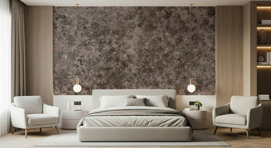 Grunge Finish mural texture detail in a minimalist bedroom setting.