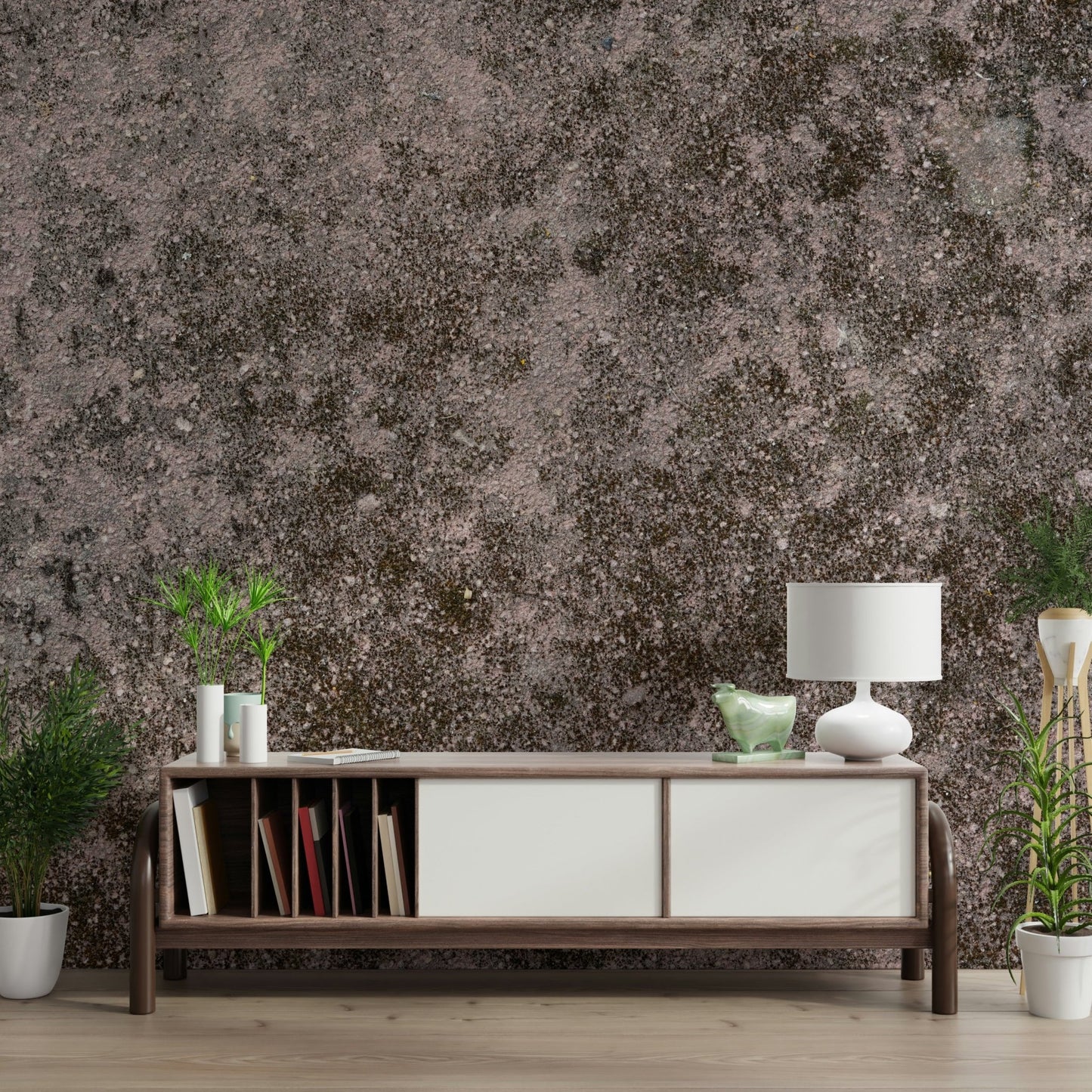 Distressed plaster peel and stick wallpaper in a stylish loft.