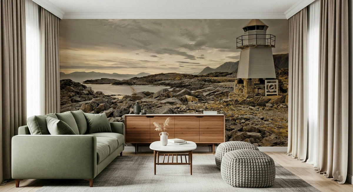 Guardian of the Coast Wall Mural showing white lighthouse on rocky terrain., GD6715