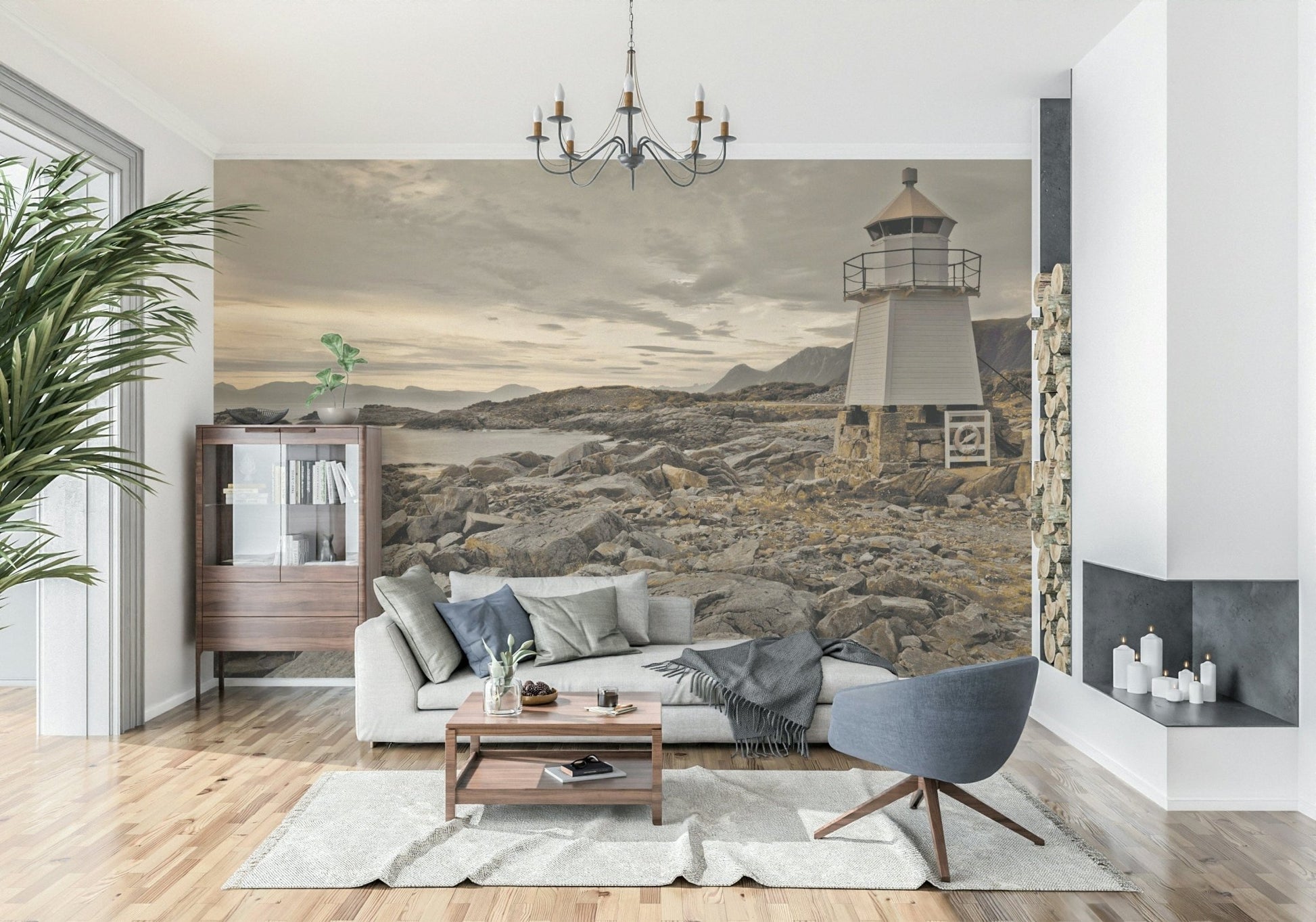 Moody sky clouds above Guardian of the Coast peel and stick wallpaper.