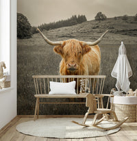 Realistic nature scene wall mural with brown cattle and green hills.
