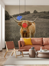 Artistic monochrome Highland cow wall mural for a modern hallway.